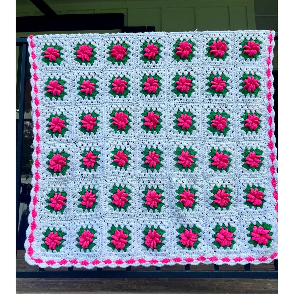 Vintage Crocheted 3D Hot Pink Rose Granny Square Throw 41x55